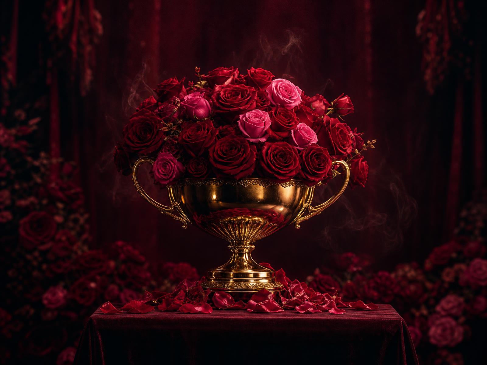 Golden chalice overflowing with red roses